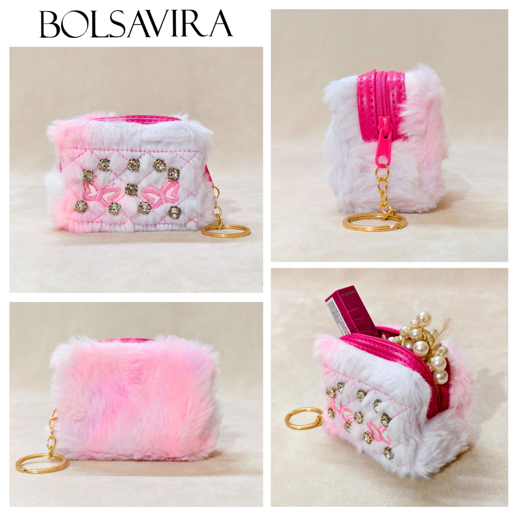 Collage of a pink and white fluffy pouch with decorative elements on a beige background, featuring the brand 'BOLSAVIRA'.