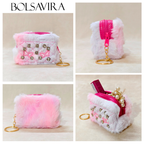 Collage of a pink and white fluffy pouch with decorative elements on a beige background, featuring the brand 'BOLSAVIRA'.