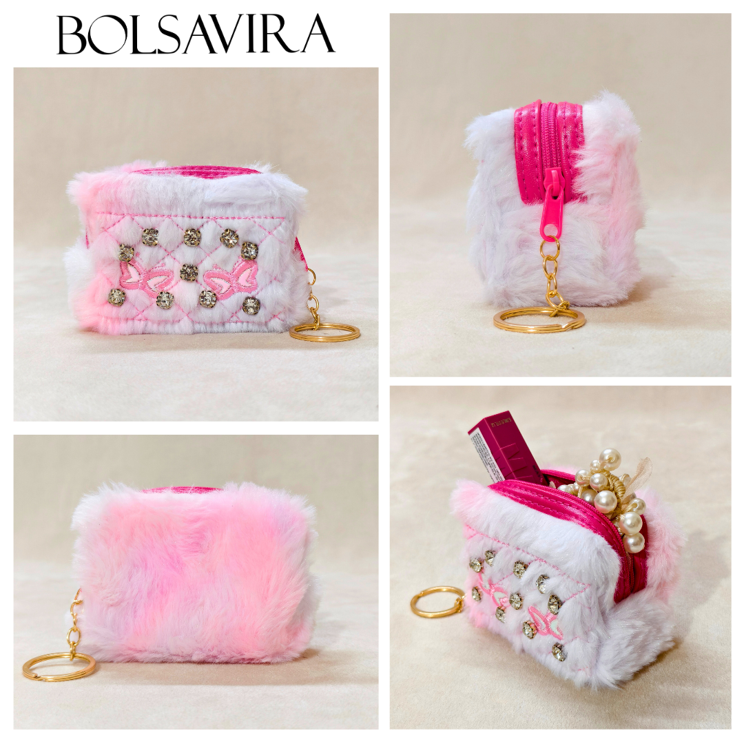Collage of a pink and white fluffy pouch with decorative elements on a beige background, featuring the brand 'BOLSAVIRA'.