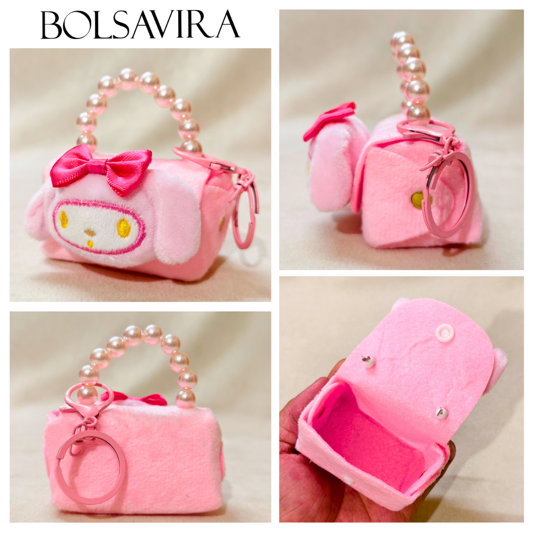 Collage of a pink plush toy handbag with pearl handle and bow detail, featuring the brand 'BOLSAVIRA'.