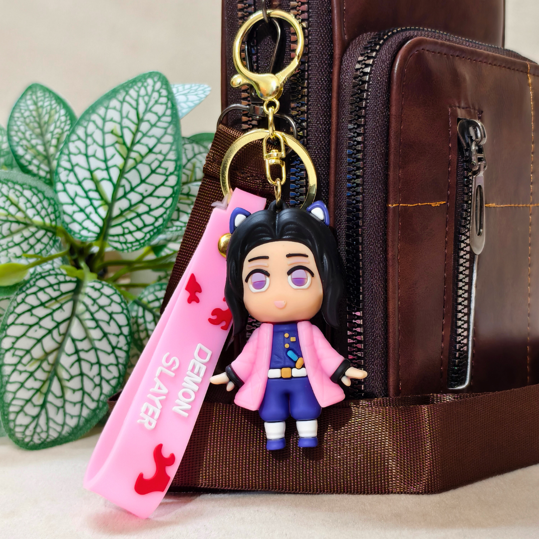 Shinobu Keyring Attached With Purse As  Bag Charm On  Beige Background.