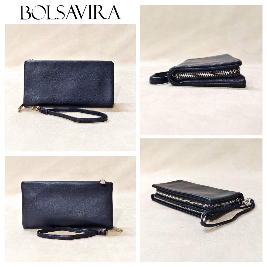 Collage of a navy blue clutch bag with a strap by BOLSAVIRA on a beige background.