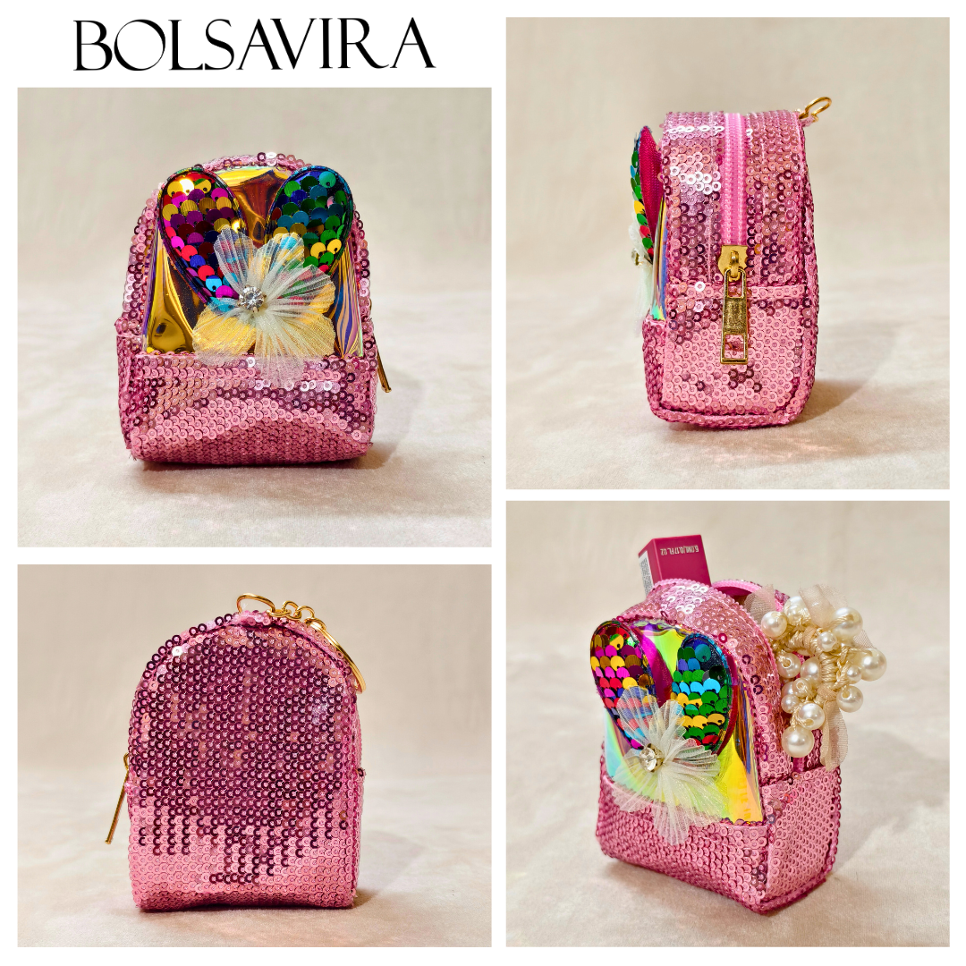 Collage of a pink sequin backpack with colorful interior and accessories on a beige background, featuring the brand 'BOLSAVIRA'.