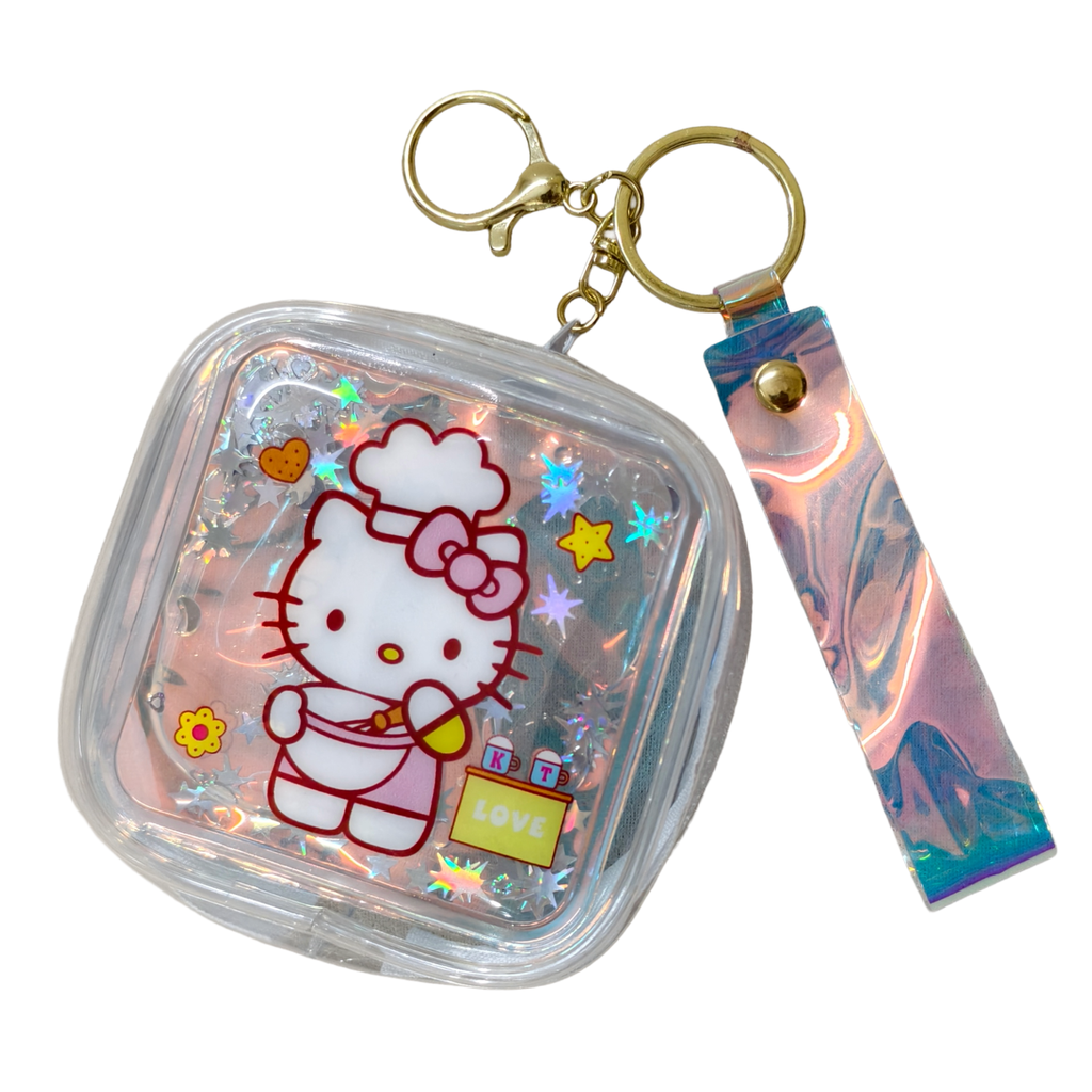 Clear case with cartoon character keychain and strap on a white background