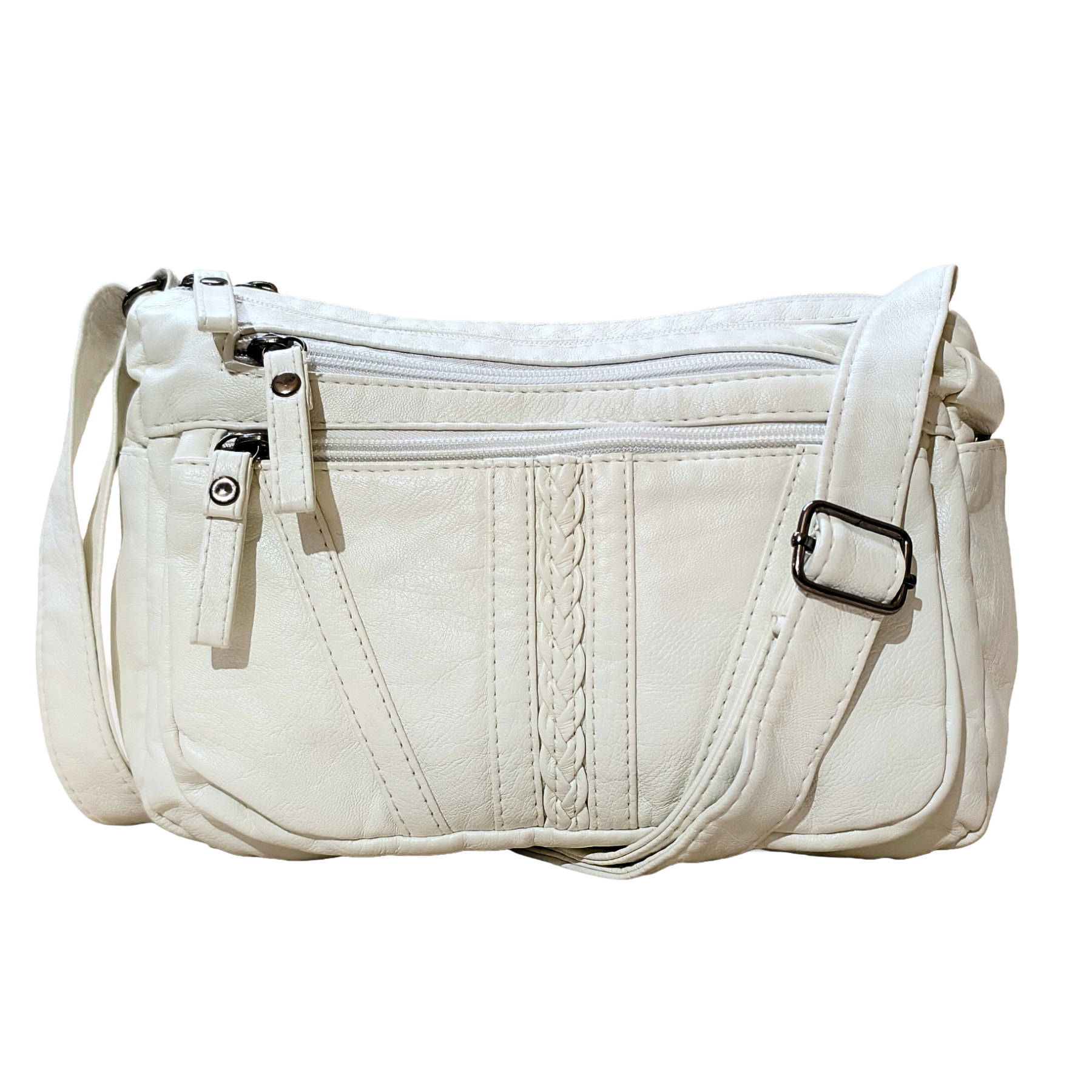 White handbag with multiple zippers on a white background