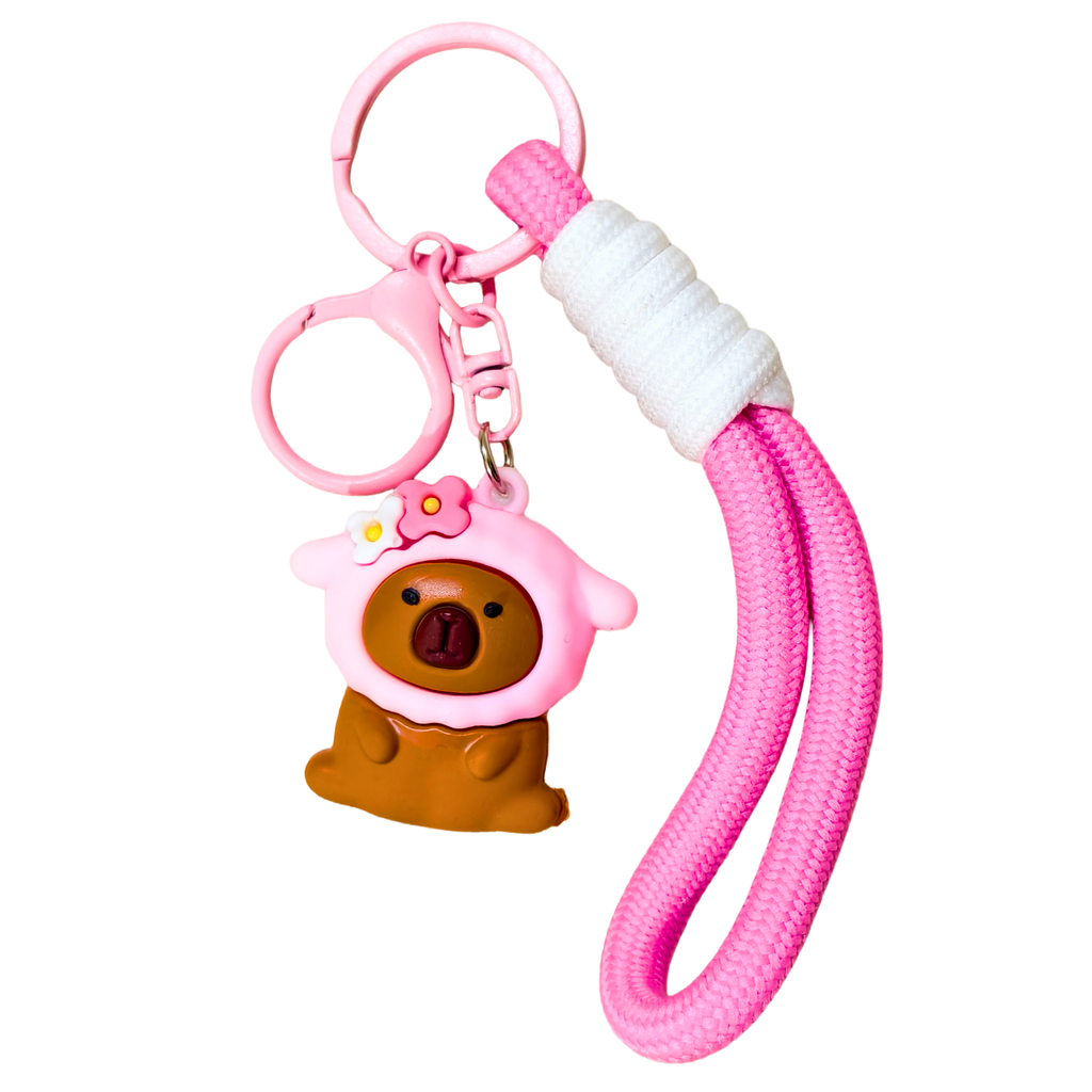 Keychain with a bear design and pink lanyard on a white background
