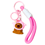 Keychain with a bear design and pink lanyard on a white background