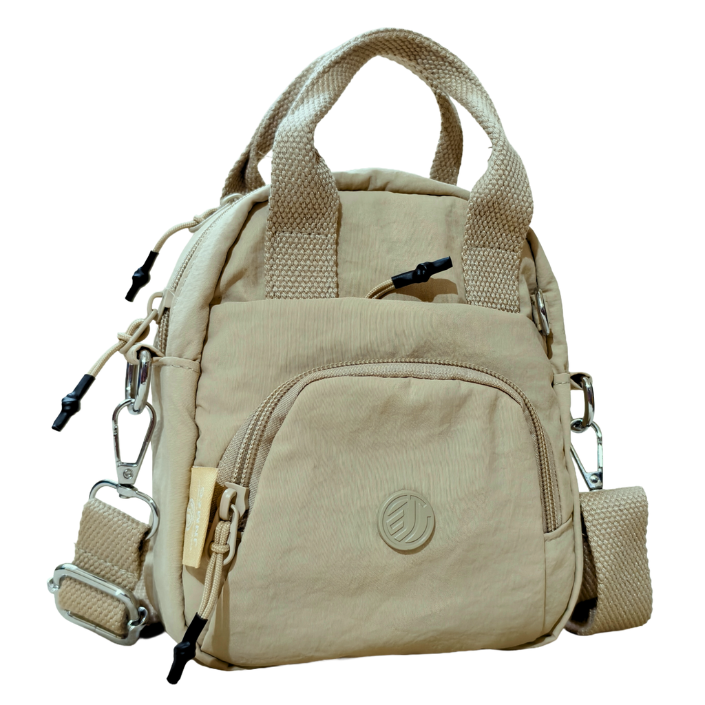 Beige backpack with multiple pockets and straps on a white background