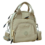 Beige backpack with multiple pockets and straps on a white background