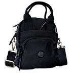 Black backpack with multiple straps and zippers on a white background