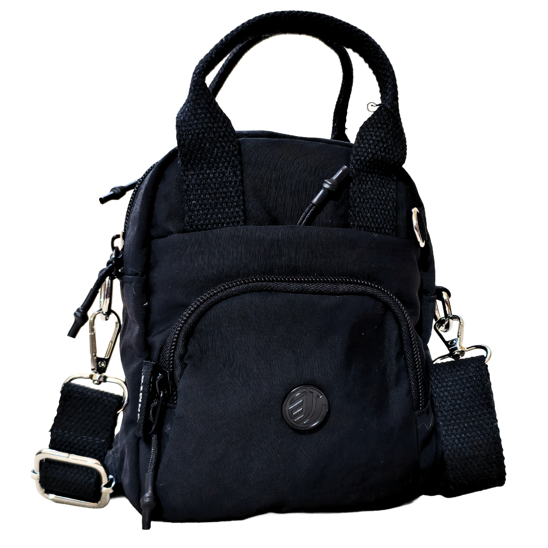 Black backpack with multiple straps and zippers on a white background