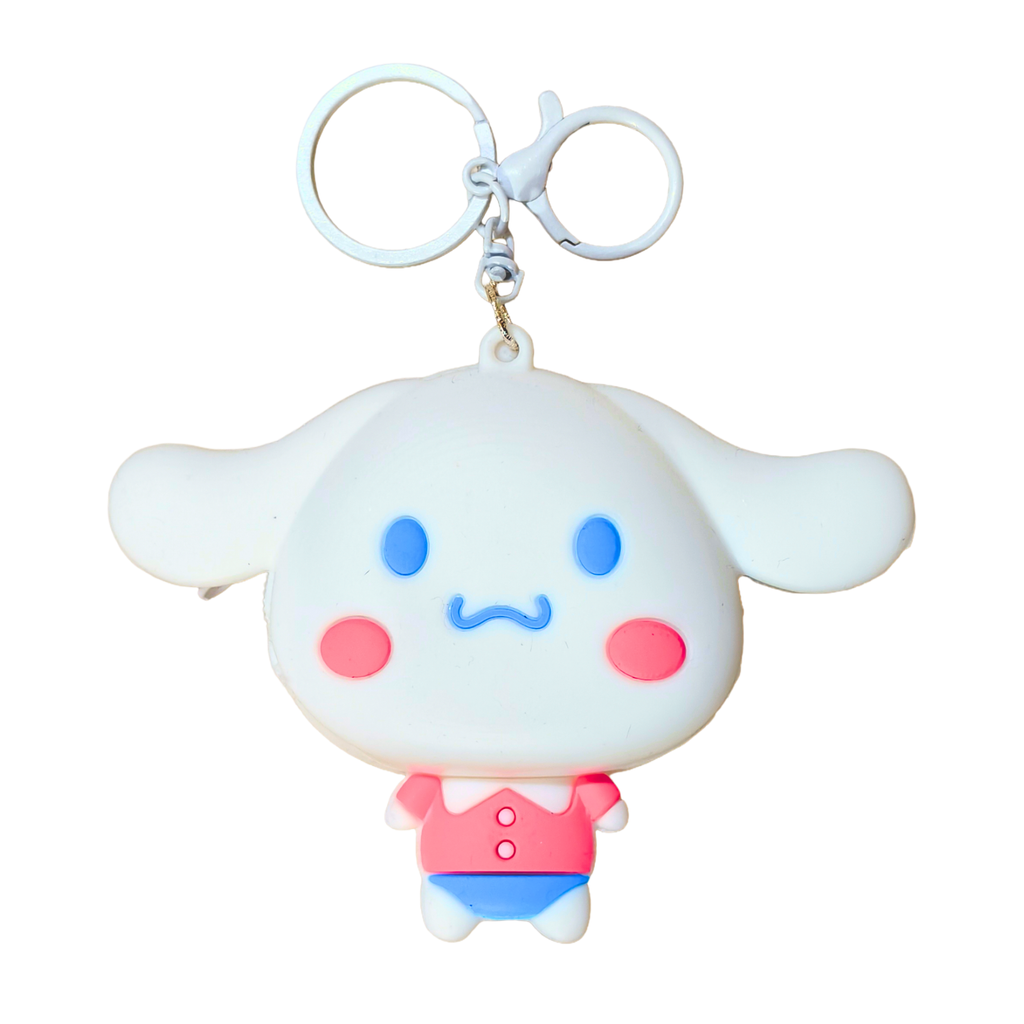 Cute cartoon character keychain with a white face, pink cheeks, and blue eyes on a white background.