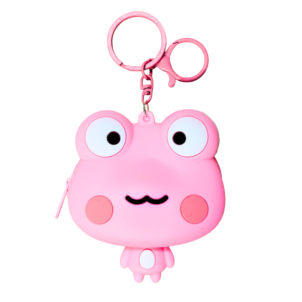 Pink frog-shaped keychain with a mustache on a white background