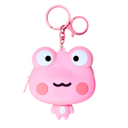 Pink frog-shaped keychain with a mustache on a white background