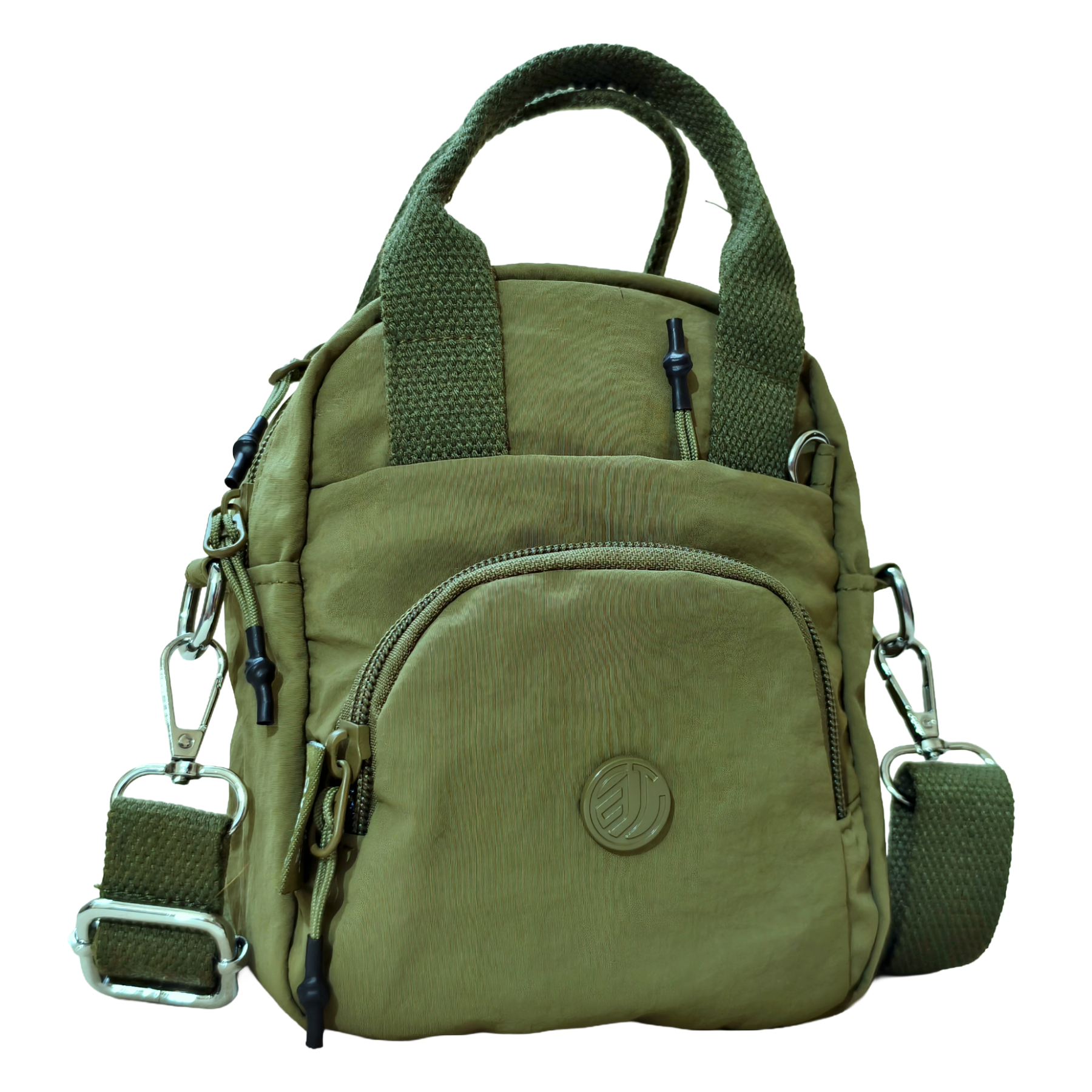 Green backpack with multiple zippers and straps on a white background