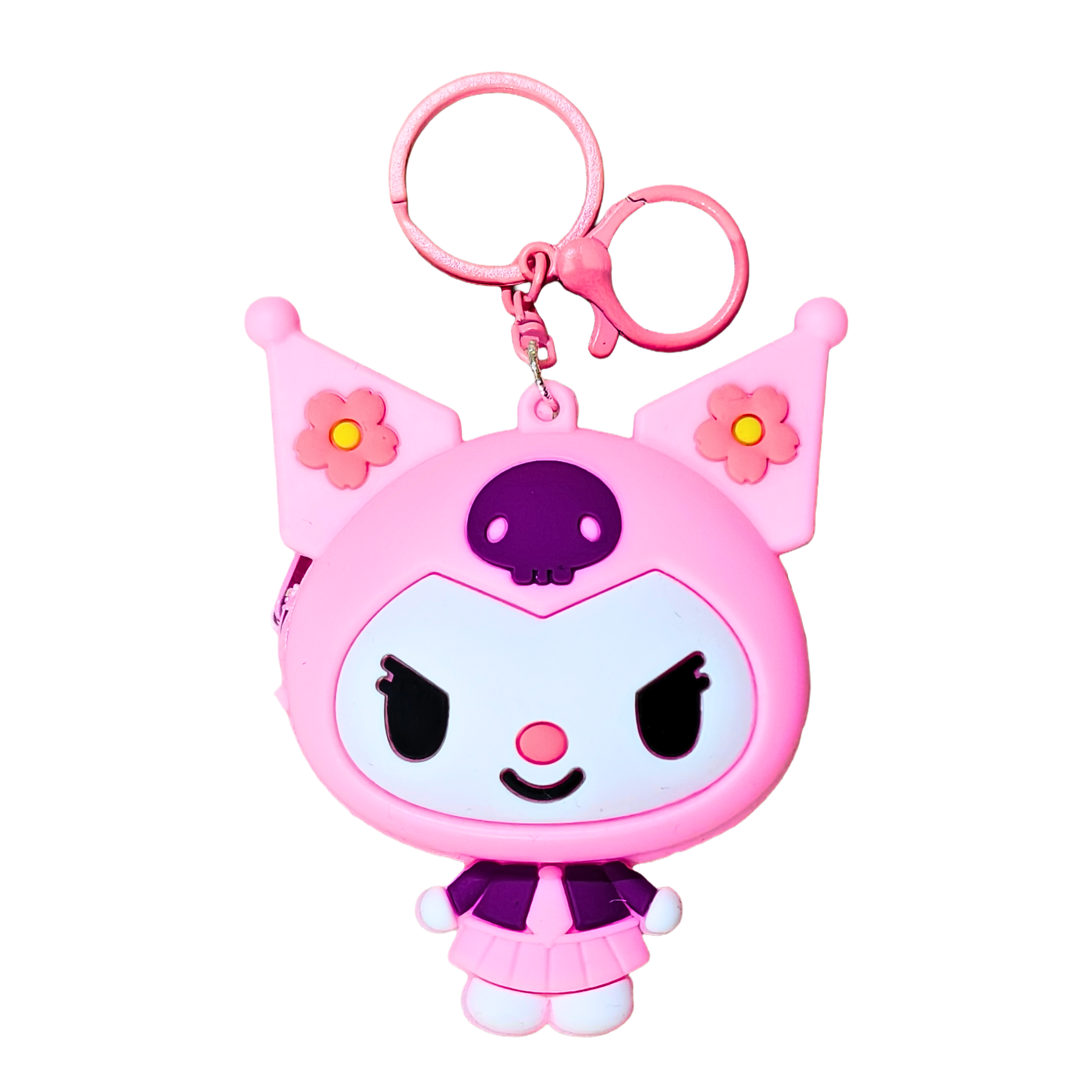 Pink cartoon character keychain with a purple bow on a white background