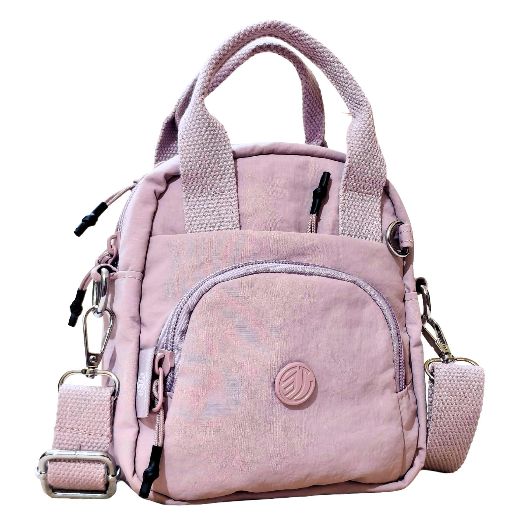 Pink backpack with multiple compartments and a visible brand logo on a white background