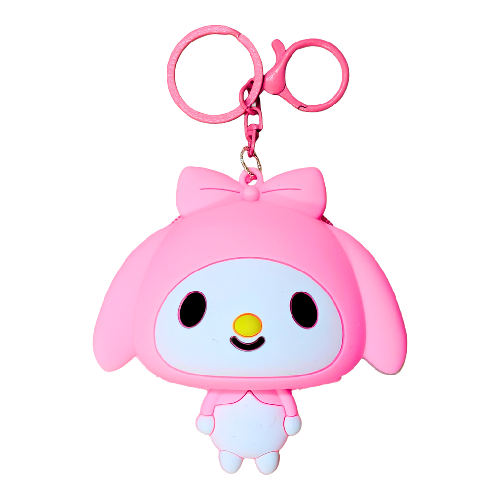 Pink cartoon character keychain with a bow on a white background