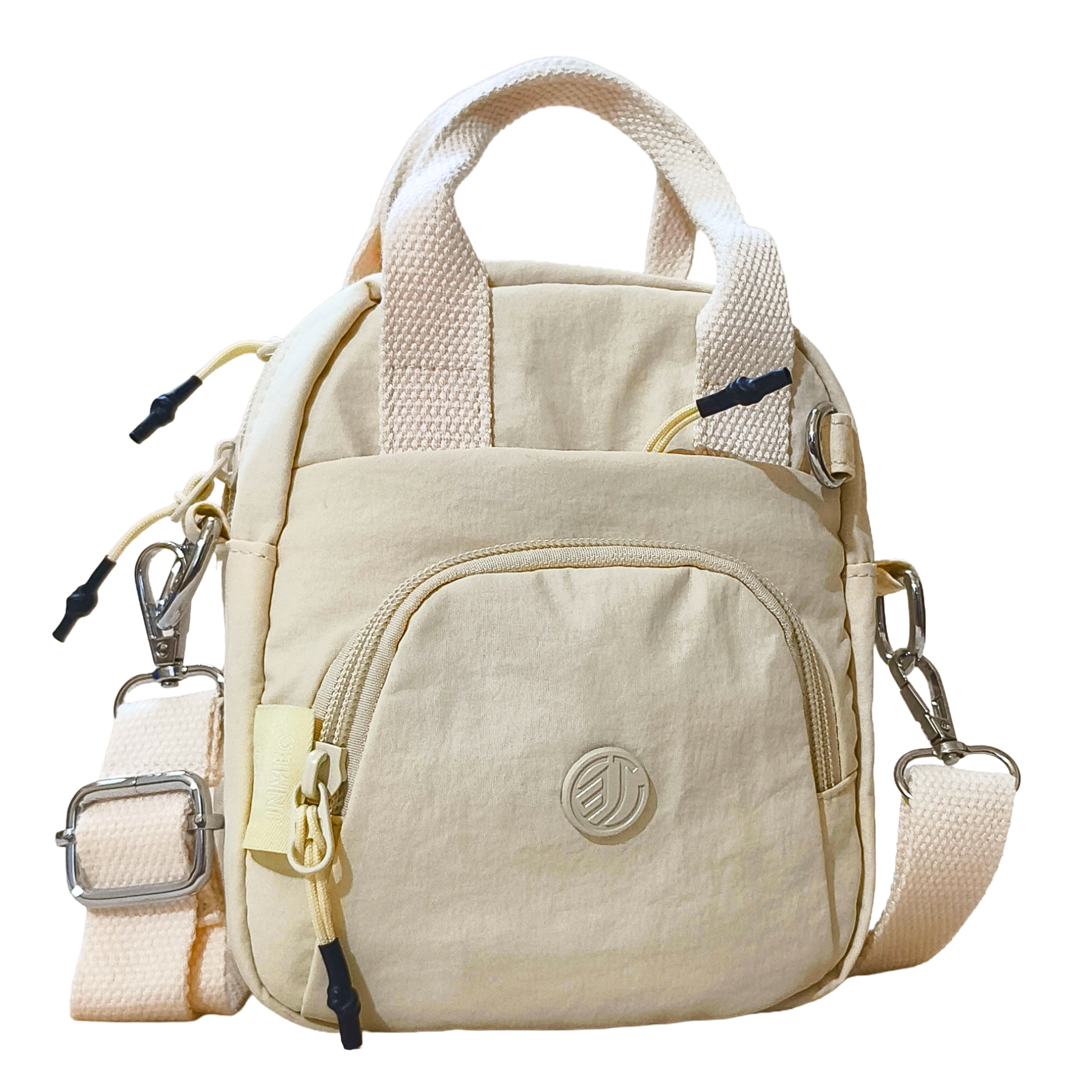 Beige backpack with multiple pockets and straps on a white background