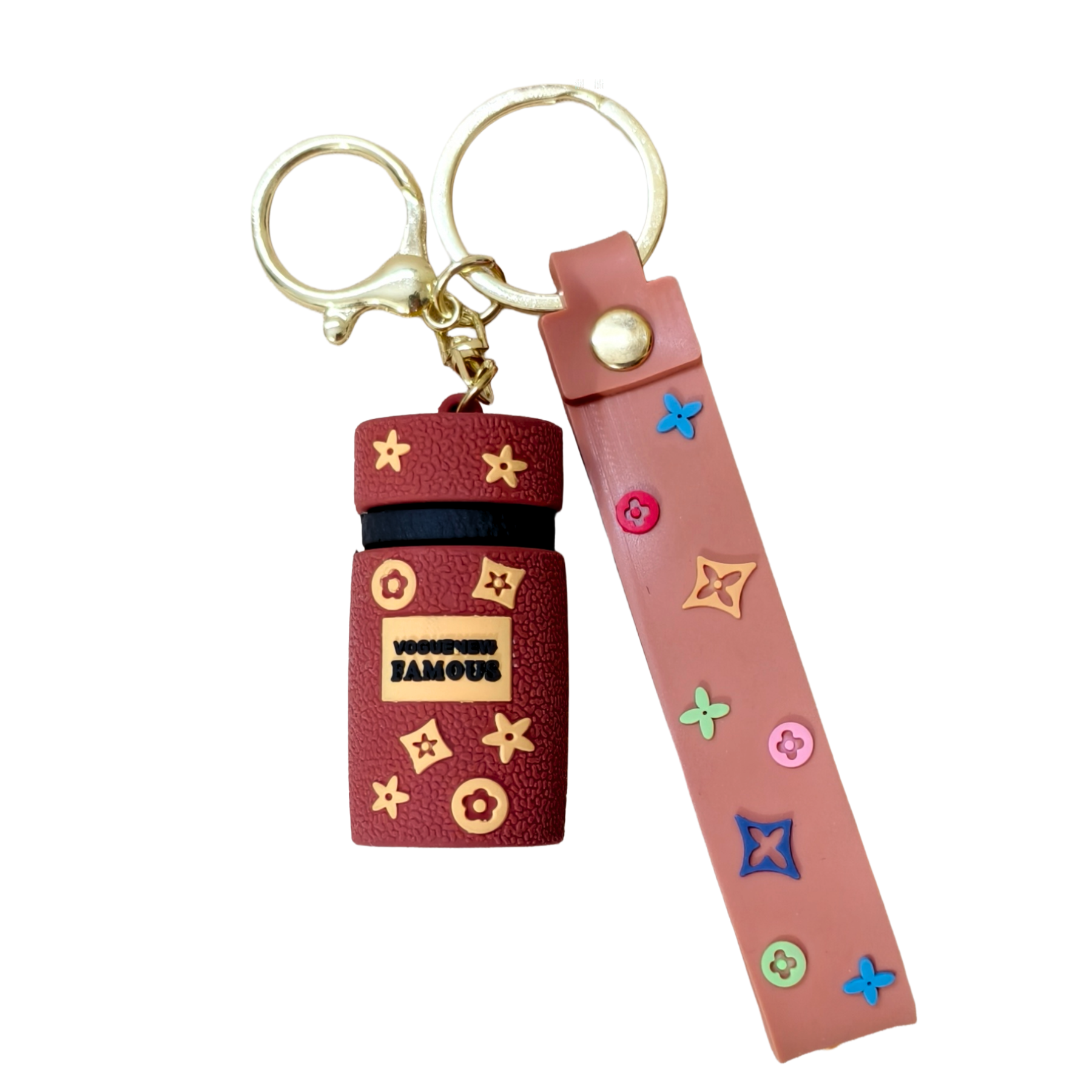 Keychain with a small container and pink strap on a white background