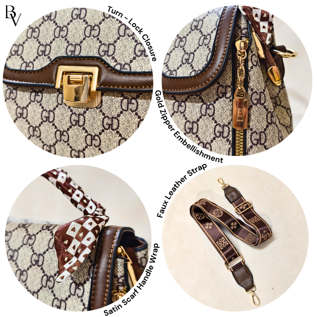 Close-up details of a handbag with visible brand logo, zipper embellishment, and strap design.
