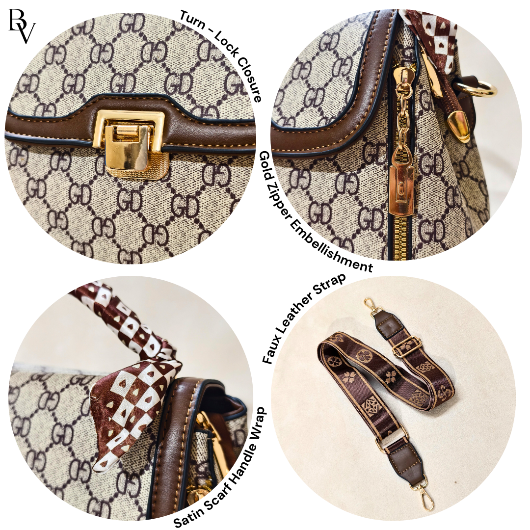 Close-up details of a handbag with visible brand logo, zipper embellishment, and strap design.
