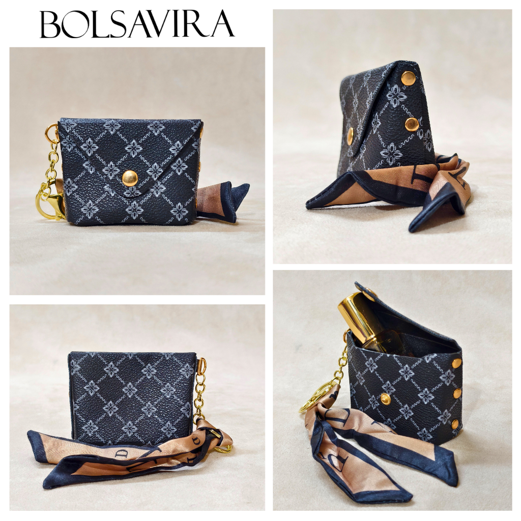 Collage of a blue handbag with gold accents and a matching scarf, featuring the brand 'Bolsavira'.