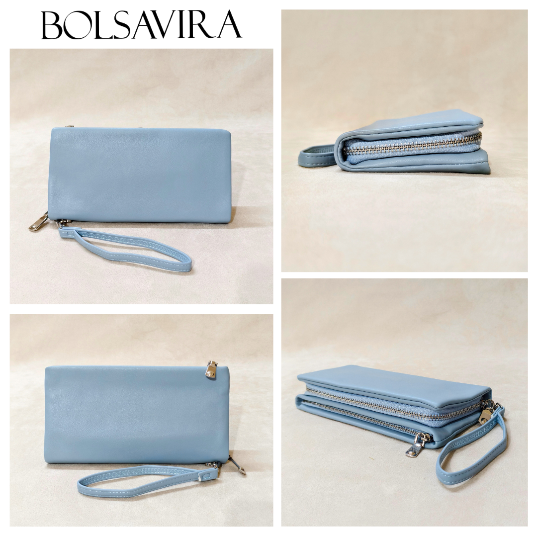 Collage of a light blue clutch bag with various angles on a beige background, featuring the brand 'Bolsavira'.