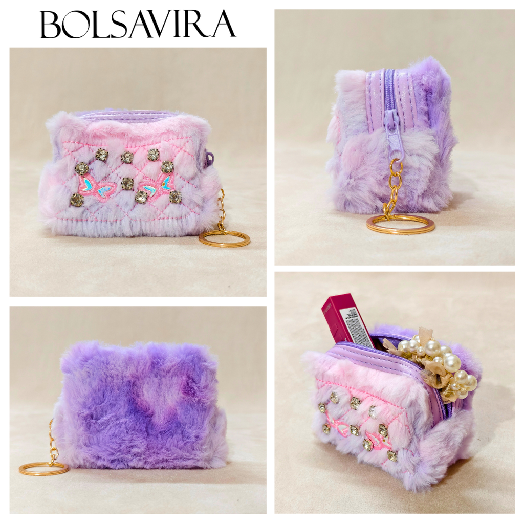 Collage of a fluffy pink and purple pouch with decorative elements on a beige background, featuring the brand 'BOLSAVIRA'.