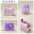 Collage of a fluffy pink and purple pouch with decorative elements on a beige background, featuring the brand 'BOLSAVIRA'.