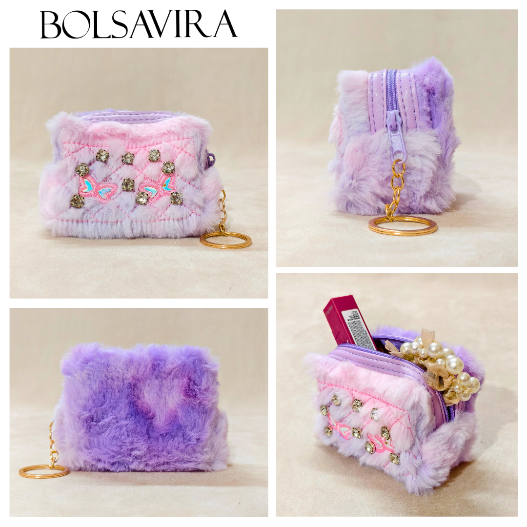 Collage of a fluffy pink and purple pouch with decorative elements on a beige background, featuring the brand 'BOLSAVIRA'.
