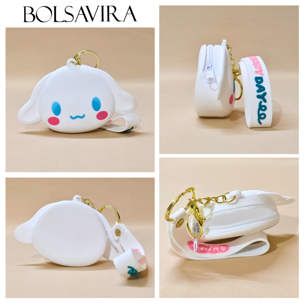 White cartoon-style coin purse with colorful accents on a beige background, featuring the brand 'BOLSAVIRA'.