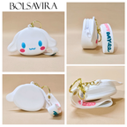 White cartoon-style coin purse with colorful accents on a beige background, featuring the brand 'BOLSAVIRA'.