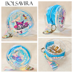 Collage of a transparent pouch with colorful design and blue zipper, featuring the brand 'BOLSAVIRA'.