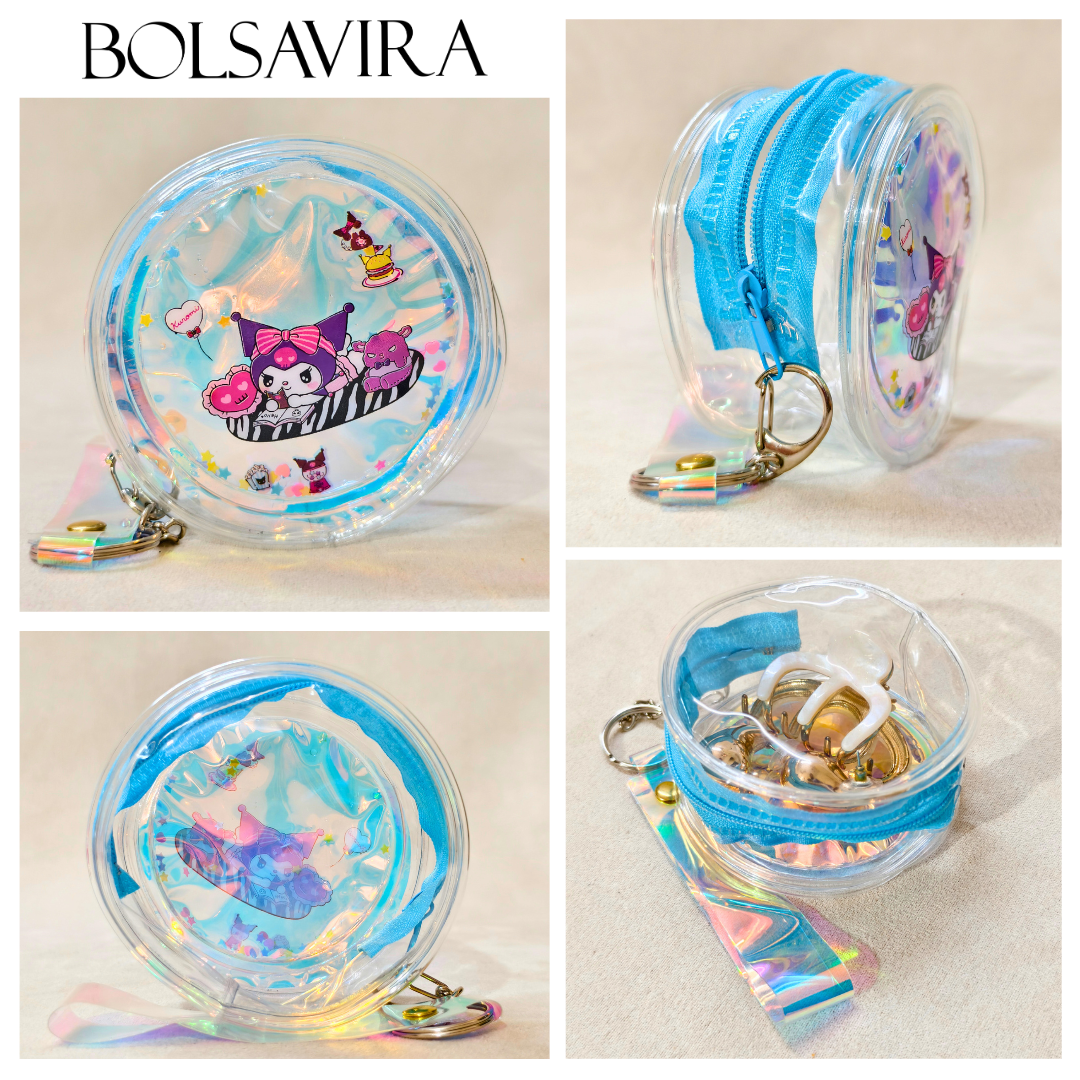 Collage of a transparent pouch with colorful design and blue zipper, featuring the brand 'BOLSAVIRA'.