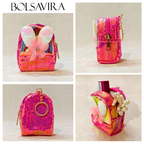 Collage of a pink handbag with floral decorations and gold accents, featuring the brand 'Bolsavira'.