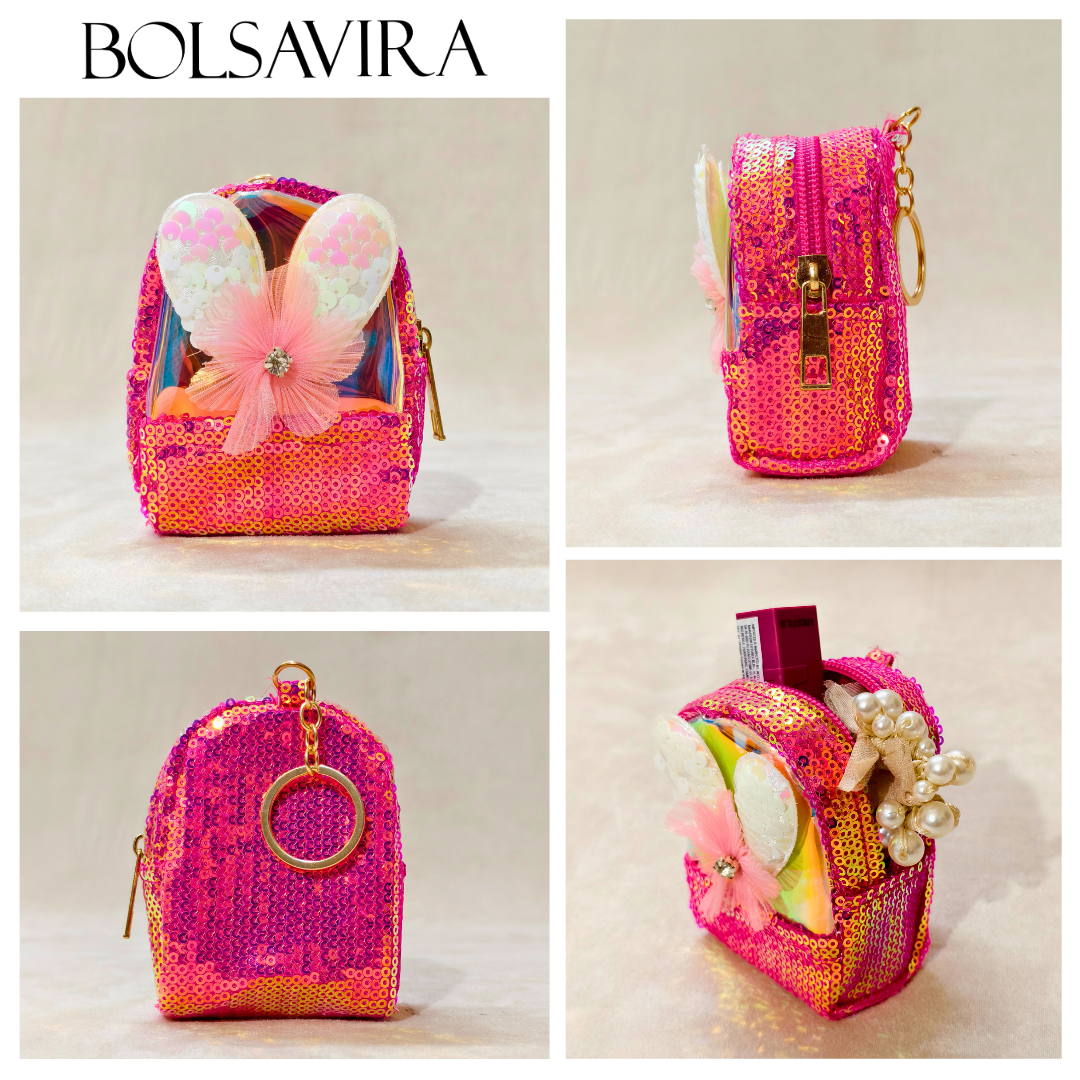 Collage of a pink handbag with floral decorations and gold accents, featuring the brand 'Bolsavira'.
