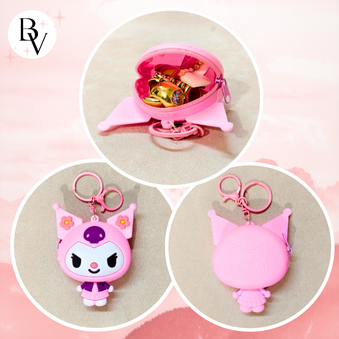 Collage of pink keychain and pouch with cute design on a pink background