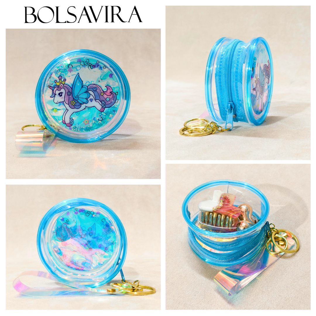 Collage of a blue yoyo with unicorn design and keychain, branded 'BOLSAVIRA'.