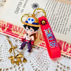 Buff Luffy Keyring  With Props On Crochet Background.