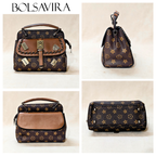 Collage of Bolsavira handbags with star pattern and brown accents on a beige background.