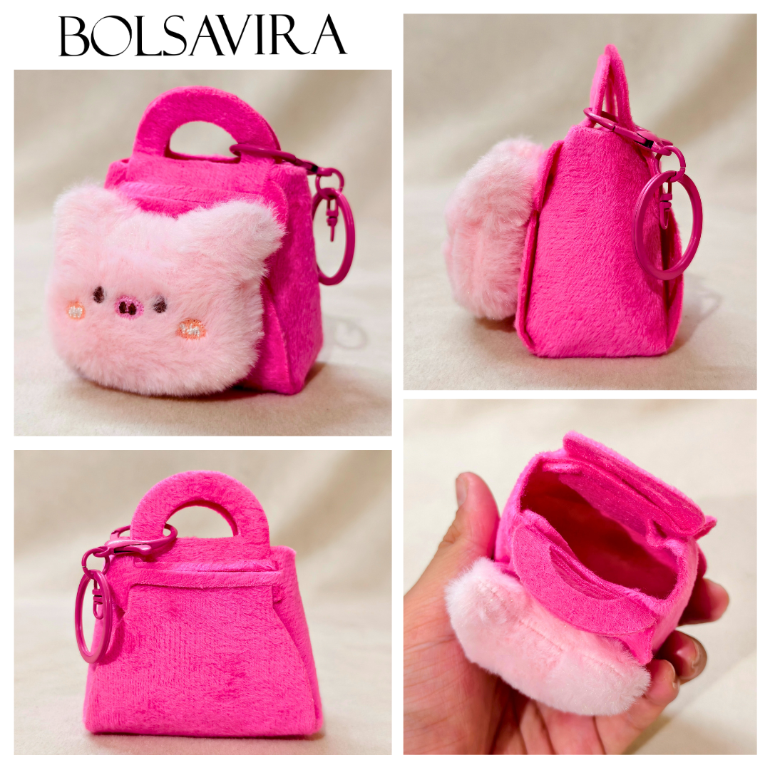 Collage of a pink plush handbag with a fluffy white face design, featuring the brand 'BOLSAVIRA'.