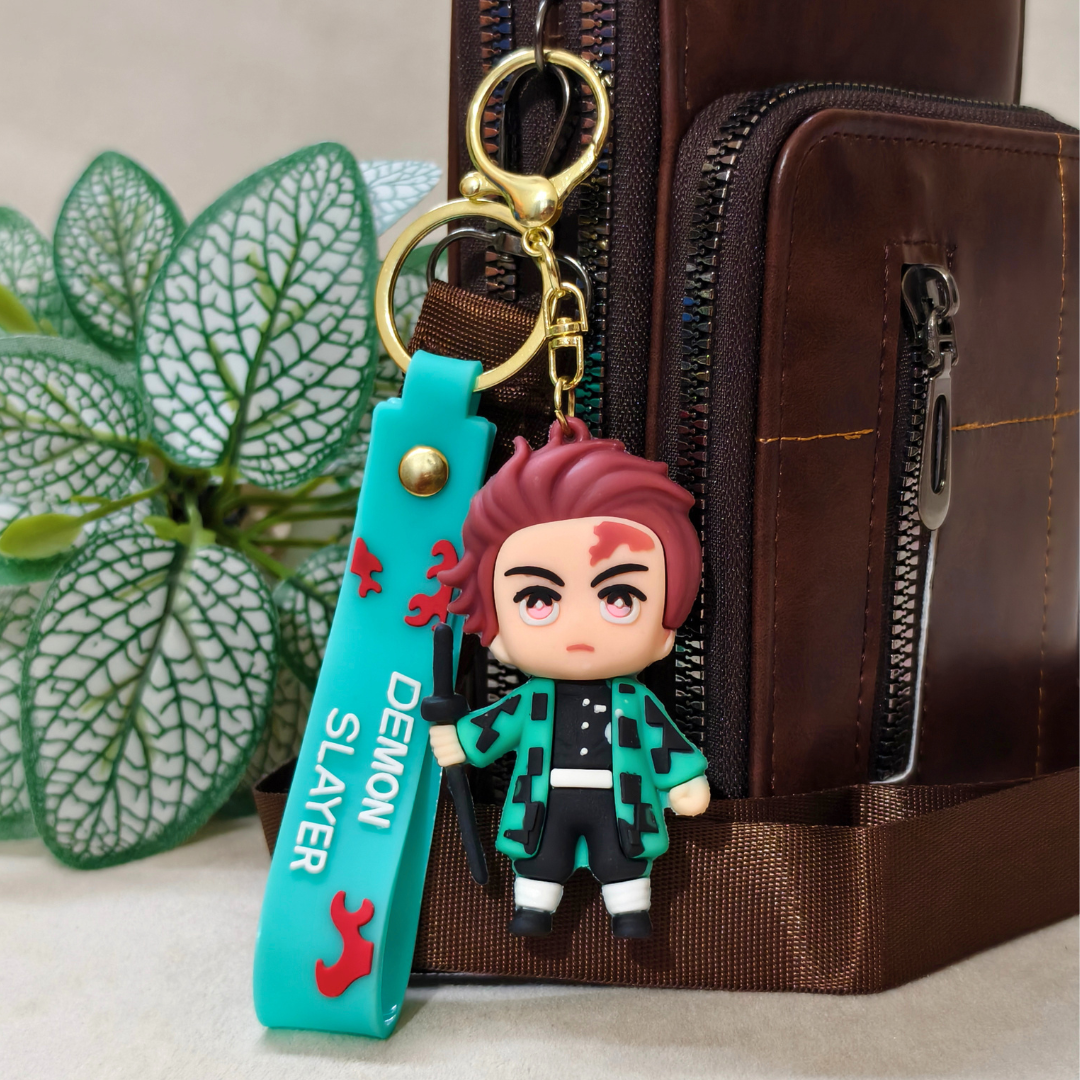 Tanjiro2 Keyring Attached With Purse As  Bag Charm On  Beige Background.