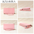 Collage of a pink wallet with a strap and zippers, featuring the brand 'Bolsavira'.