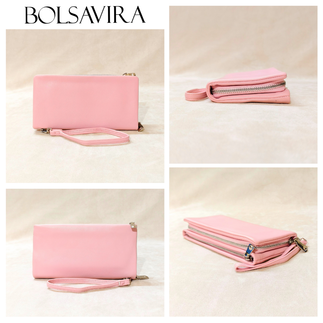 Collage of a pink wallet with a strap and zippers, featuring the brand 'Bolsavira'.