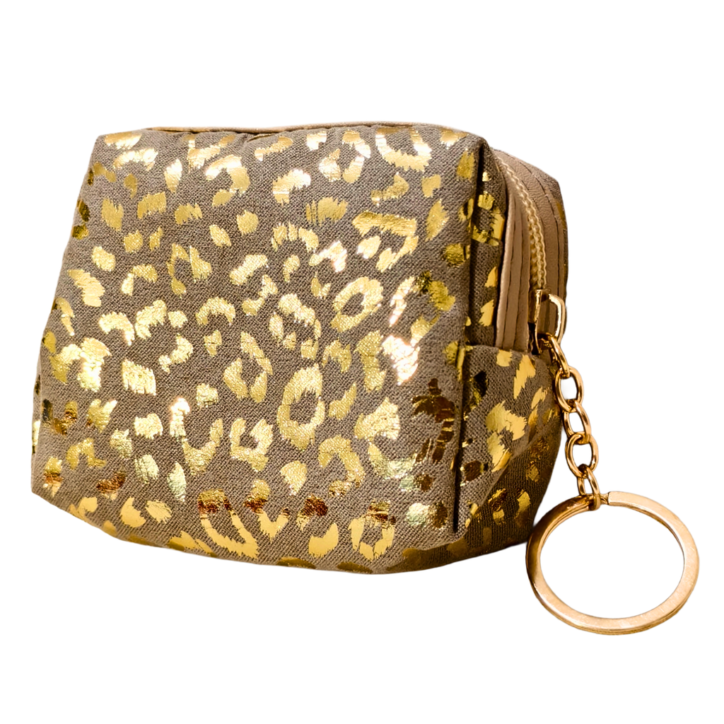 Small pouch with gold leopard print pattern and gold keychain on a white background
