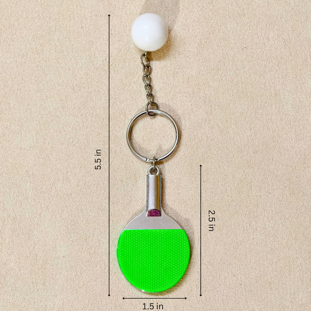 Sporty Table tennis Keyring Attached with silver chain and ring along with white ball showing with measurements on beige background.