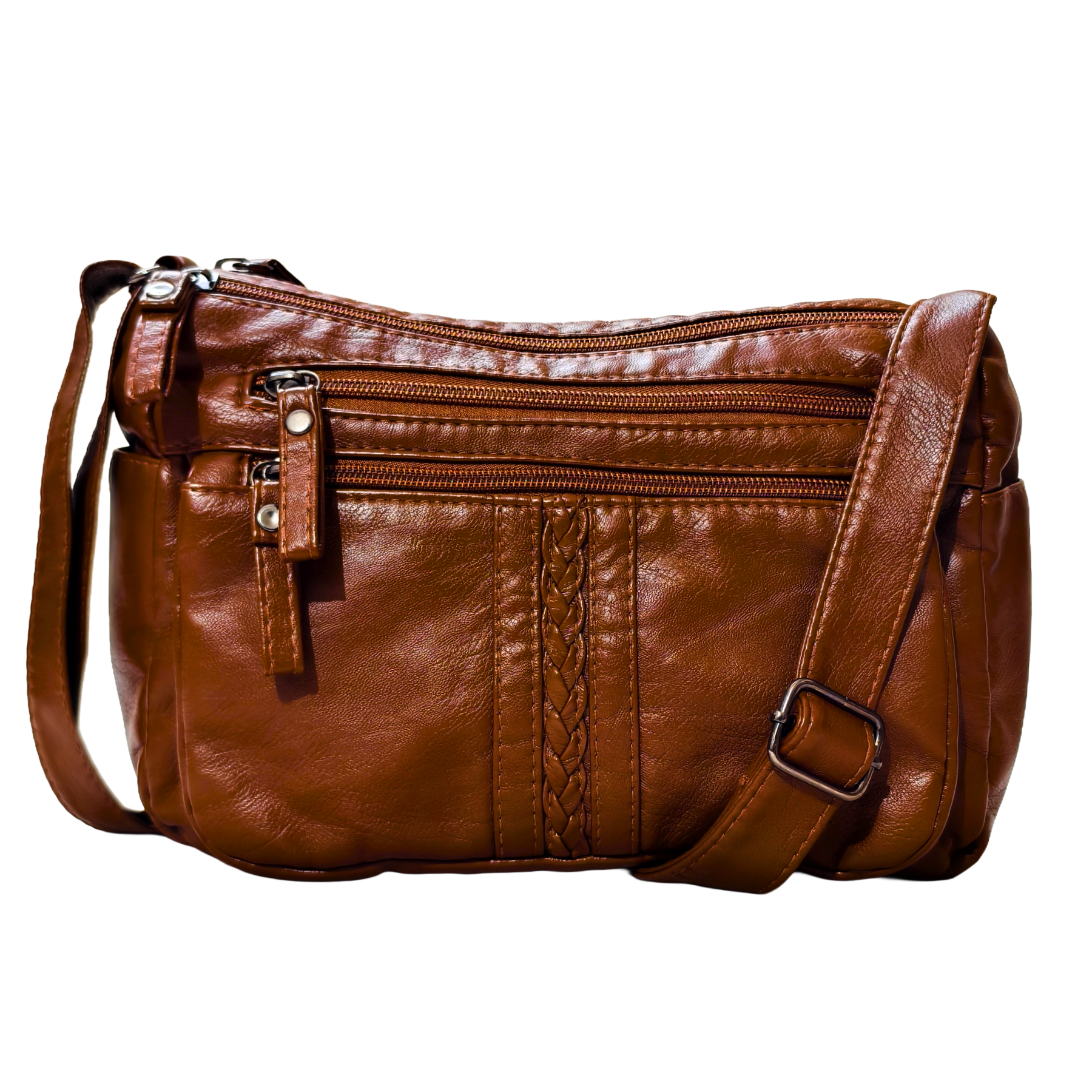 Brown leather handbag with multiple zippers on a white background