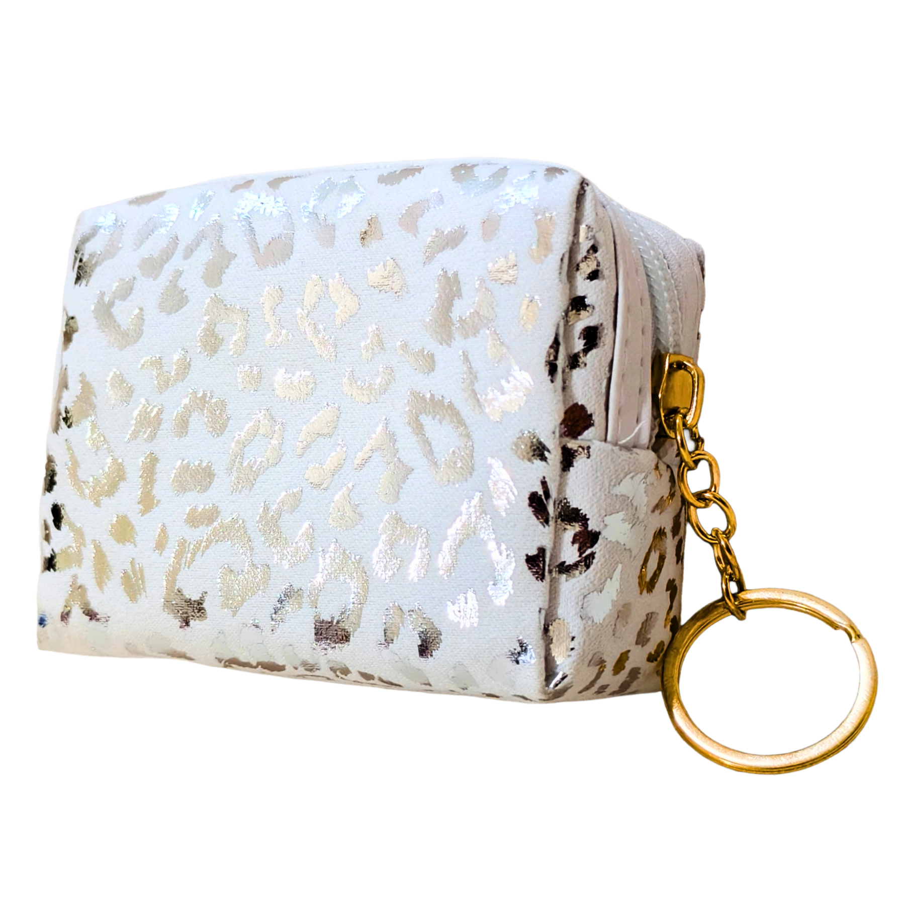 Small pouch with leopard print pattern and gold keychain on a white background