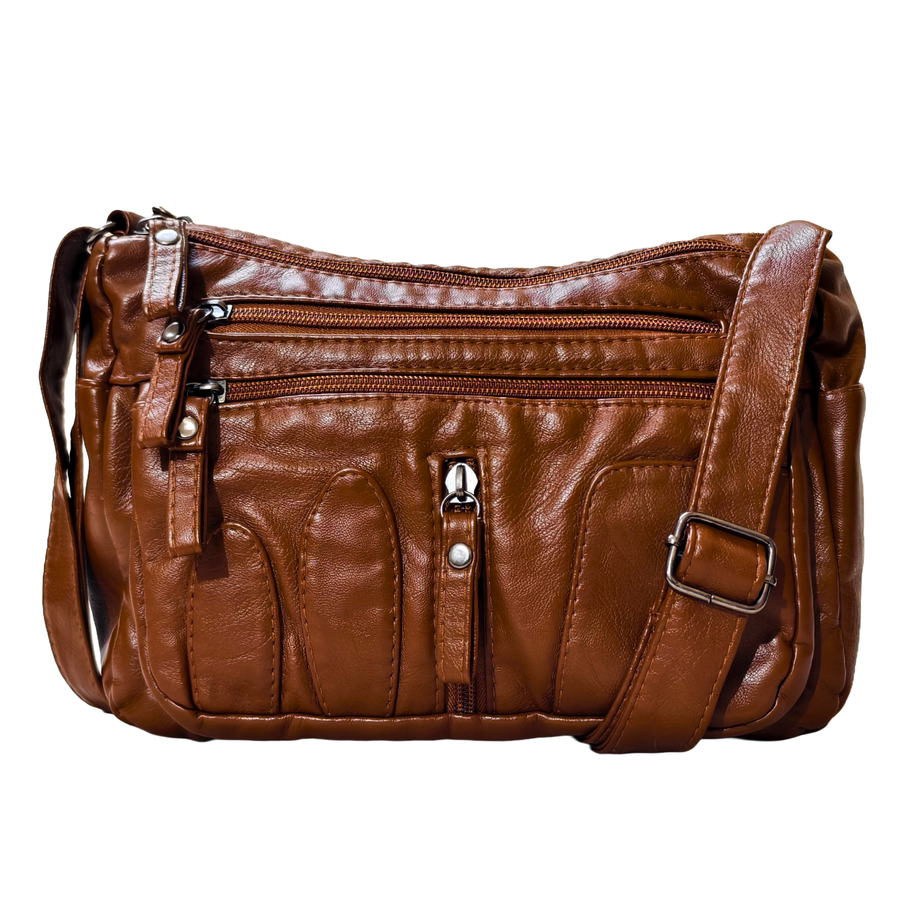 Brown leather handbag with multiple zippers on a white background